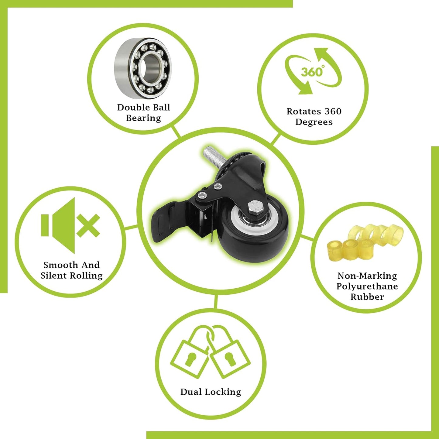3" Caster Wheels Set of 4, Heavy Duty Casters with Brake, No Noise Locking Polyurethane (PU) Wheels, Swivel Stem Castors