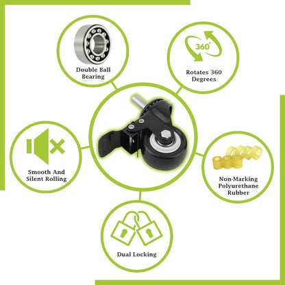 3" Caster Wheels Set of 4, Heavy Duty Casters with Brake, No Noise Locking Polyurethane (PU) Wheels, Swivel Stem Castors