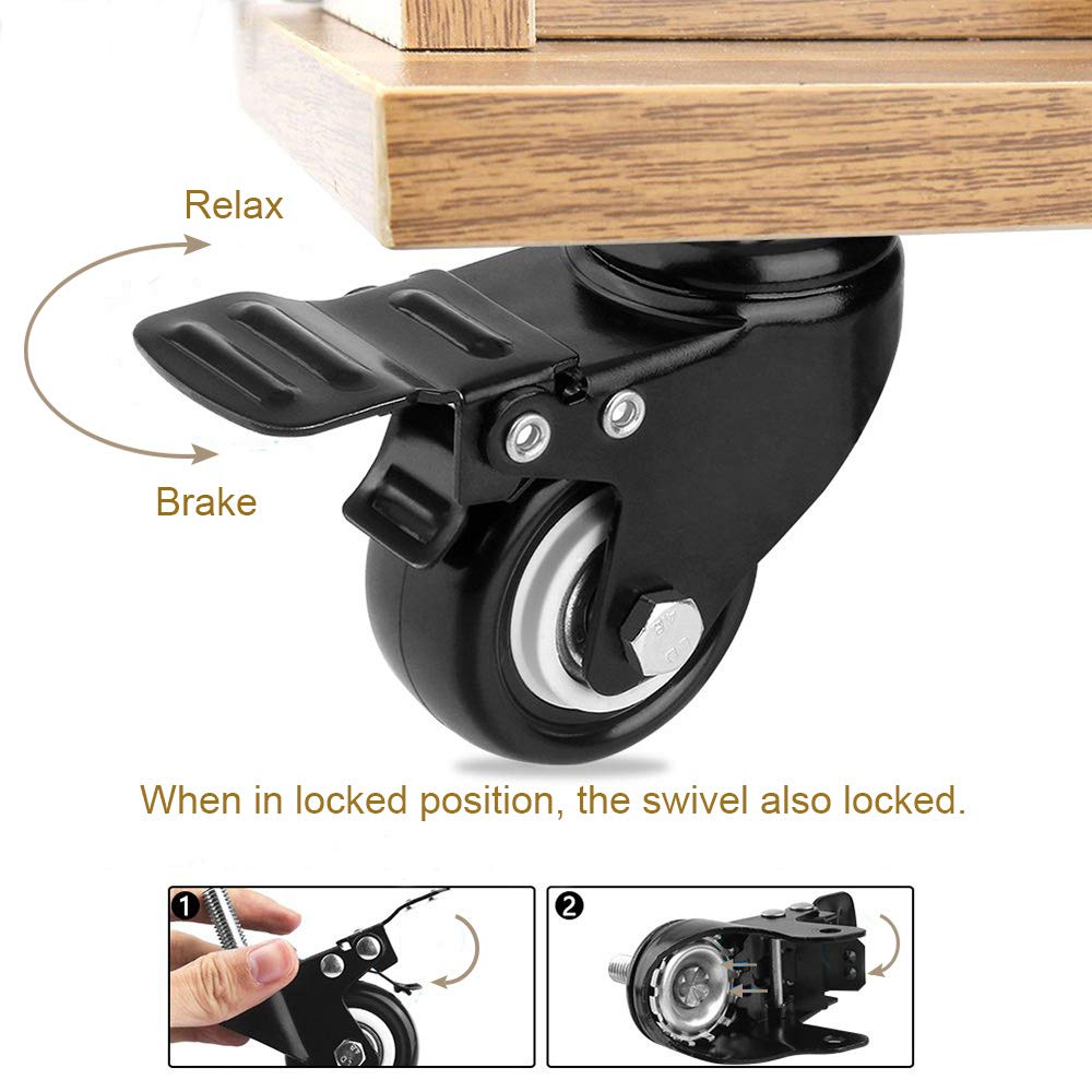 3" Caster Wheels Set of 4, Heavy Duty Casters with Brake, No Noise Locking Polyurethane (PU) Wheels, Swivel Stem Castors